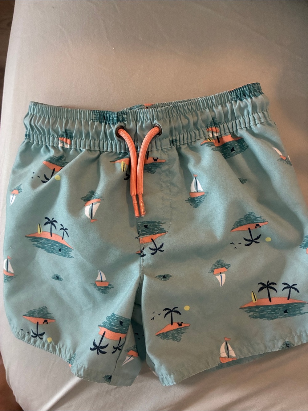 Swim trunks ,Carter's Light Teal Island Print Swim Shorts with Coral Drawstring